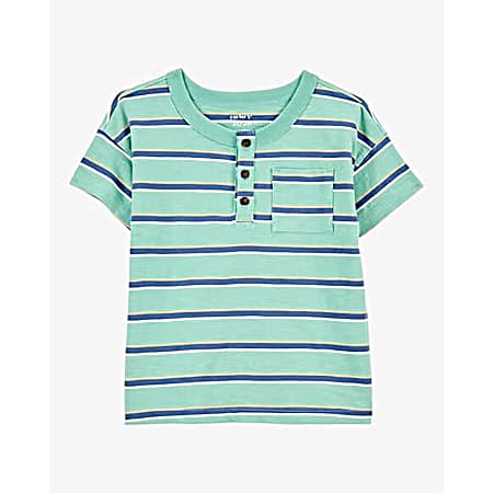 Toddler Boys' Green Striped Short Sleeve Henley