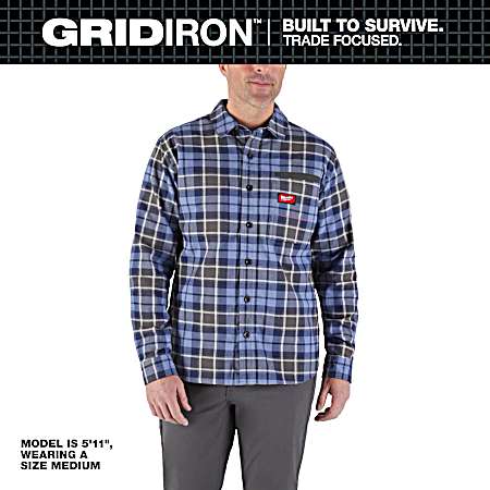 Men's Blue GridIron Button Front Long Sleeve Flannel Shirt