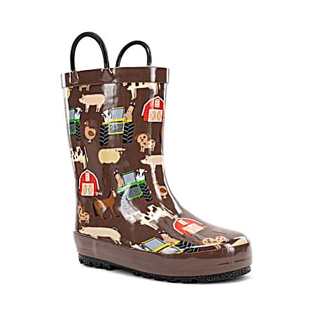 Kids' Brown Farm Life Faux Fur Rain Boots