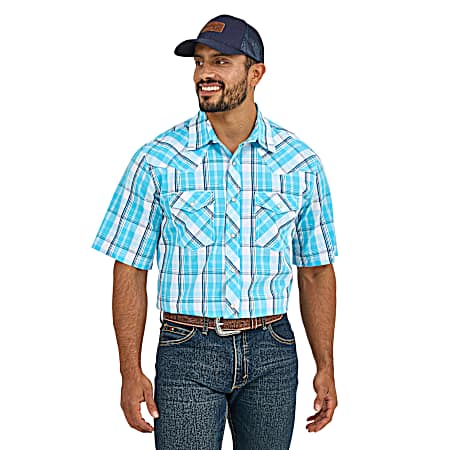 Men's Bright Sky Plaid 20X Competition Advanced Western Snap Front Short Sleeve Shirt