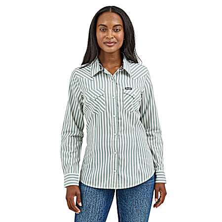 Women's Green Stripe Western Snap Front Long Sleeve Shirt