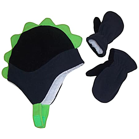 Toddler's Blue Dino Hat & Mittens Set