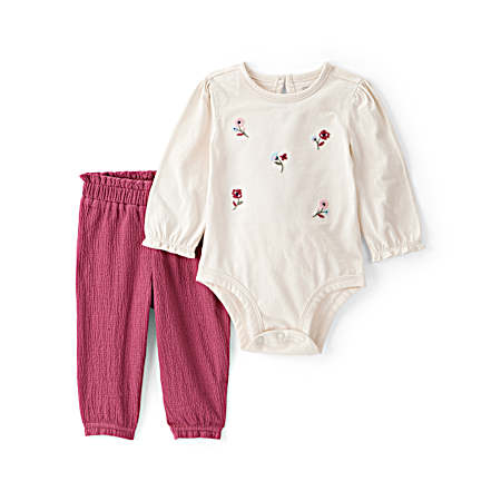 Infant Girls' Pink Floral Embroidered Pant Set - 2 Pc