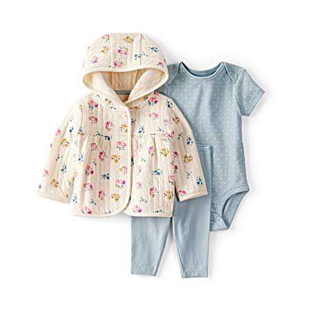 Infant Ivory/Blue Floral Cardigan Set - 3 Pc