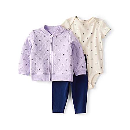 Infant Girls' Purple Quilted Floral Bomber Cardigan Set - 3 Pc