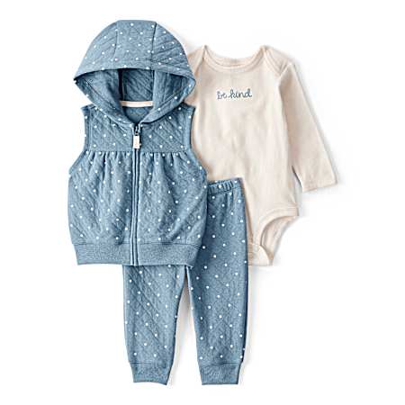 Infant Girls' Blue Hooded Quilted Vest Set - 3 Pc