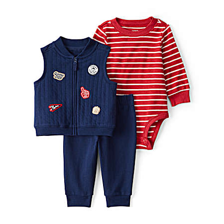 Infant Navy/Red Sport Patche Quilted Vest Set - 3 Pc