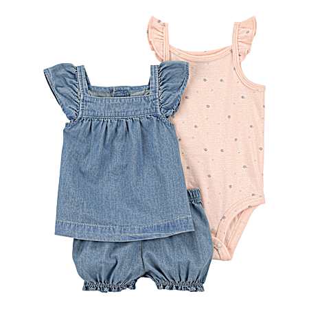 Infant Girls' Chambray Pink/Blue Floral Set - 3 Pc