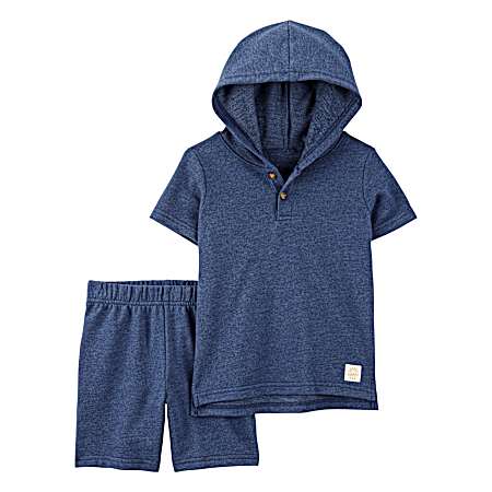 Infant Boys' Navy Blue Henley Hooded Set - 2 Pc