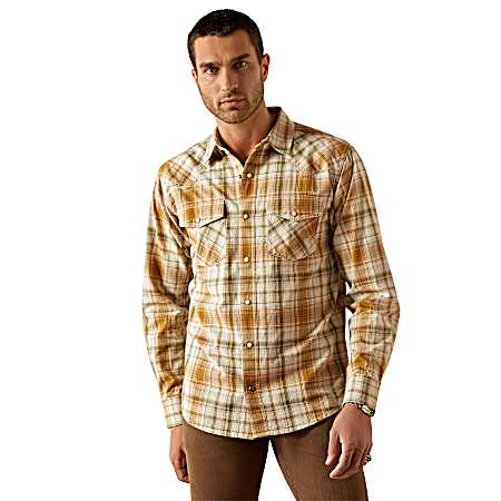 Men's Khaki Halston Retro Fit Button Front Long Sleeve Shirt