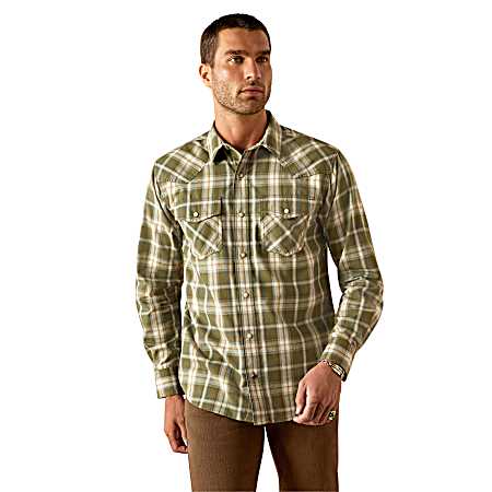 Men's Olive Hermie Retro Fit Button Front Long Sleeve Shirt