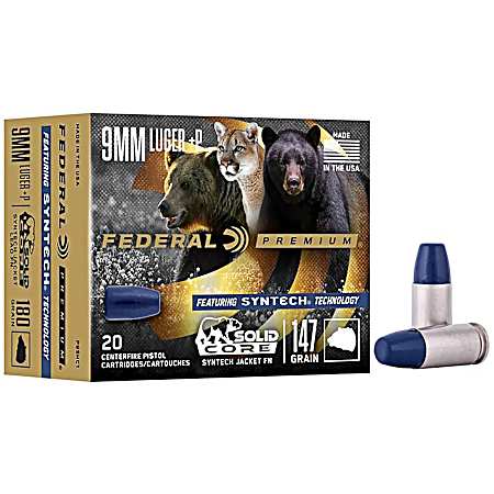 9mm Solid Core Luger+P 147 Grain Syntech Jacket Centerfire Pistol Cartridges - 20 Rounds