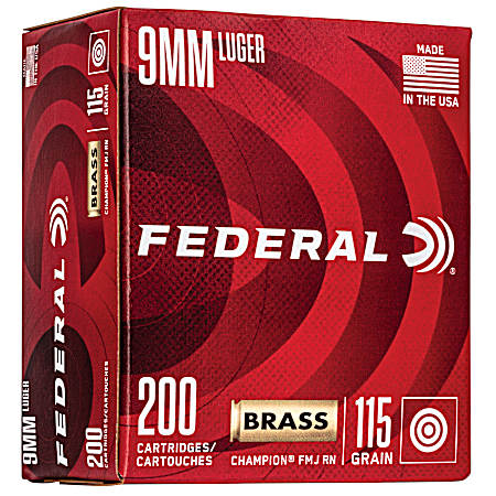 9mm Champion Brass 115 Grain FMJ Handgun Cartridges - 200 Rounds