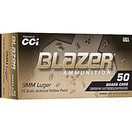 Blazer Brass HP 9mm Luger 115gr Jacketed Hollow Point Handgun Cartridges - 50 Rounds