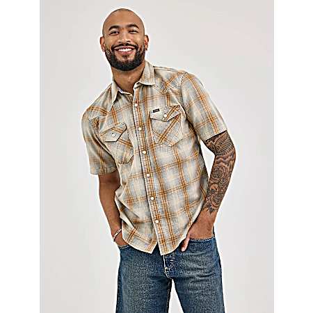 Men's Slub Plaid Button Front Short Sleeve Shirt