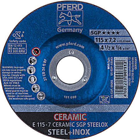 4-1/2 x 1/4 x 7/8 in Ceramic Grain, High Performance Grinding Wheel for Steel or Stainless Steel