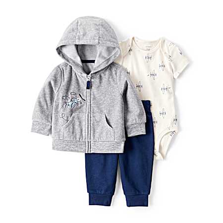 Infant Grey/Blue Airplane Cardigan Set - 3 Pc