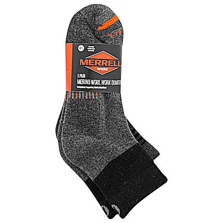 Men's Grey Merino Wool Work Quarter Socks - 3 Pk