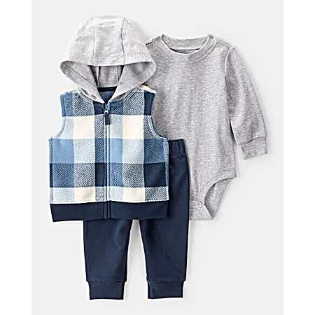 Infant Blue Hooded Plaid Vest Set - 3 Pc