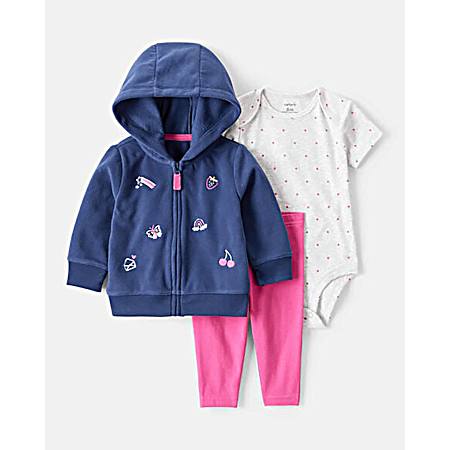 Infant Girls' Blue/Pink Embroidered Cardigan Set - 3 Pc