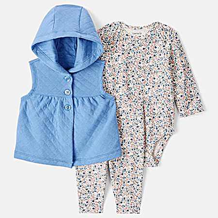 Infant Girls' Blue Quilted Hooded Floral Vest Set - 3 Pc