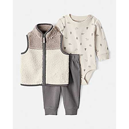 Infant Taupe Sherpa Vest Set - 3 Pc
