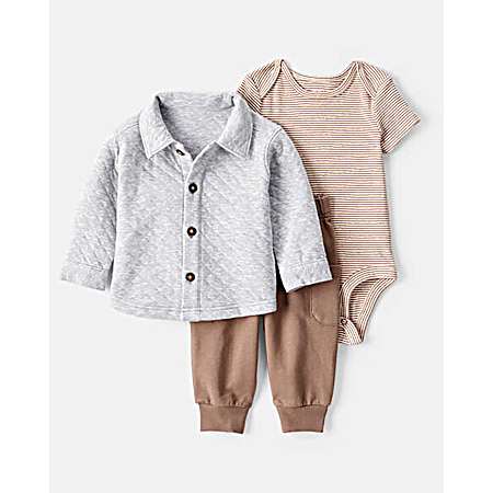 Infant Gray/Brown Quilted Cardigan Set - 3 Pc