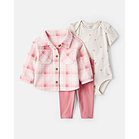 Infant Girls' Pink Plaid Shacket Cardigan Set - 3 Pc
