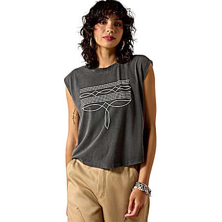 Women's Charcoal Mineral Wash Dallas Cropped Sleeveless Shirt
