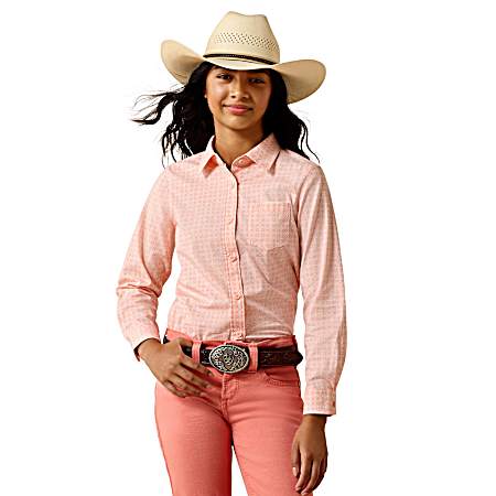 Girls' Tropical Peach Geo Button Front Long Sleeve Shirt