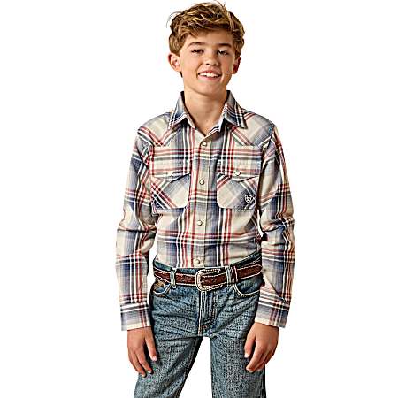 Boys' Dawn Blue Plaid Retro Hawthorn Snap Front Long Sleeve Shirt