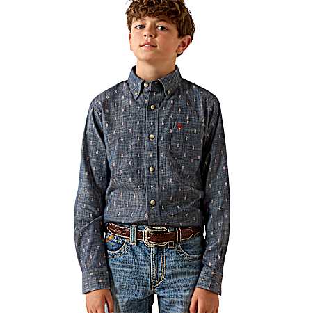 Boys' Chambray Blue Medallion Print Button Front Long Sleeve Shirt