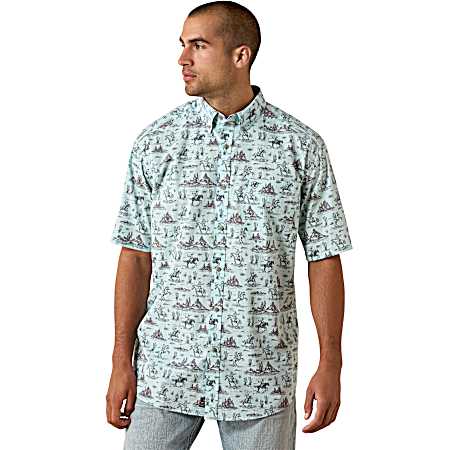 Men's Blue Glow Western Motif Button Front Short Sleeve Shirt