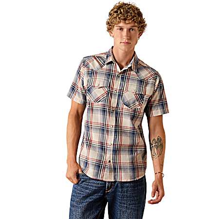 Men's White Plaid Haines Snap Front Short Sleeve Shirt