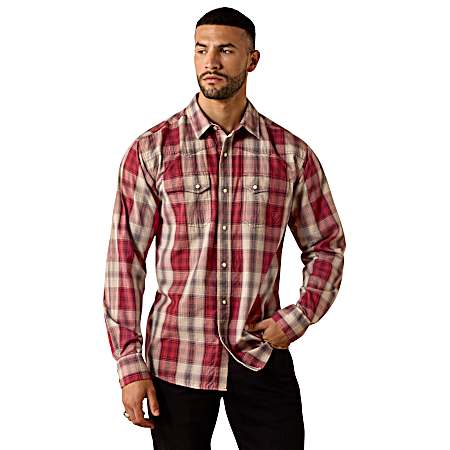 Men's Brick Red Plaid Hawthorne Snap Front Long Sleeve Shirt