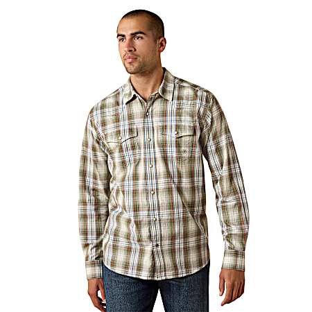 Men's Four Leaf Clover Plaid Retro Holt Snap Front Long Sleeve Shirt