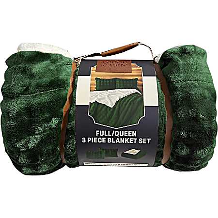 3 pc. Bubble Textured Reverse to Sherpa Blanket Set-Green