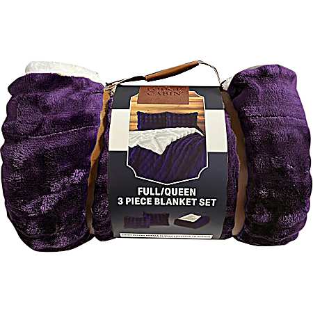 3 pc. Bubble Textured Reverse to Sherpa Blanket Set-Plum