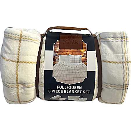3 pc. Plaid Reverse to Sherpa Blanket Set- Cream Plaid