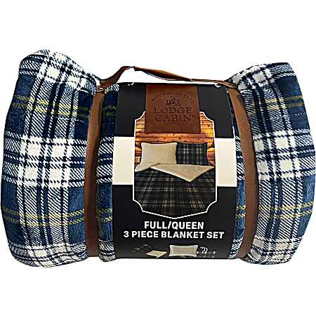 3 pc. Plaid Reverse to Sherpa Blanket Set - Blue Plaid