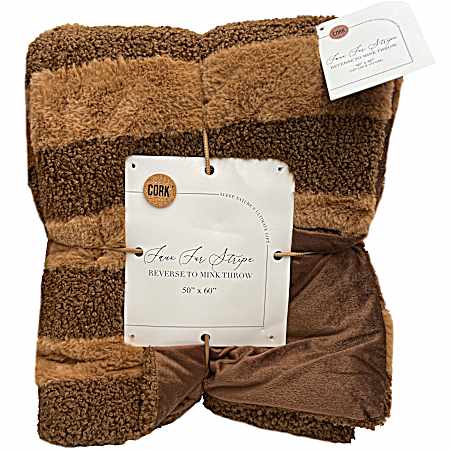 50''X60'' Faux Fur Stripe Reversible Mink Throw Blanket - Brown