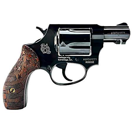 Heritage Mfg HR38B3-US1 Roscoe  Small 38 Special +P 5 Shot 3 Black Polished Alloy Steel Barrel, Cylinder & Frame, Custom Designed Wood Grip w/Stars & Stripes, Transfer Bar Safety, Exposed Hammer