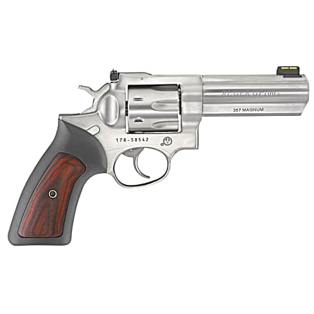 Ruger 1771 GP100  357 Mag 7 Shot, 4.20 Satin Stainless Steel Barrel, Satin Stainless Cylinder, Satin Stainless Steel Frame, Black Rubber w/Wood Insert Grip, Exposed Hammer