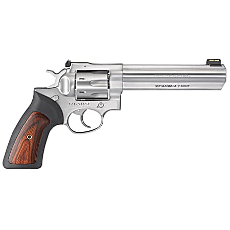 Ruger 1773 GP100  357 Mag 7 Shot, 6 Satin Stainless Steel Barrel, Satin Stainless Cylinder, Satin Stainless Steel Frame, Black Rubber w/Wood Insert Grip, Exposed Hammer