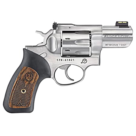 Ruger 1774 GP100  Small Frame 357 Mag 7 Shot, 2.50 Satin Stainless Steel Barrel, Satin Stainless Cylinder, Satin Stainless Steel Frame, Black Rubber w/Wood Insert Grip, Exposed Hammer