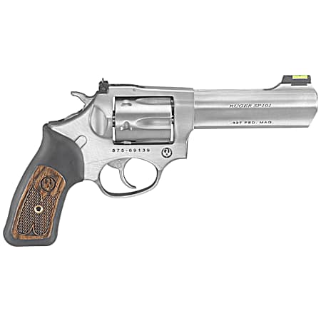 Ruger 5773 SP101  Small Frame 327 Federal Mag 6rd, 4.20 Satin Stainless Steel Barrel, Cylinder & Frame, Black Rubber w/Wood Insert Grip, Exposed Hammer, Transfer Bar Safety