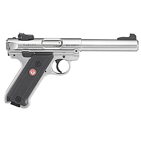 Ruger 40103 Mark IV Target 22 LR 10+1 5.50 Satin Stainless Bull Barrel, Satin Stainless Steel Slide, Stainless Steel Frame Drilled & Tapped Receiver, Black Checkered Polymer Grip, Right Hand