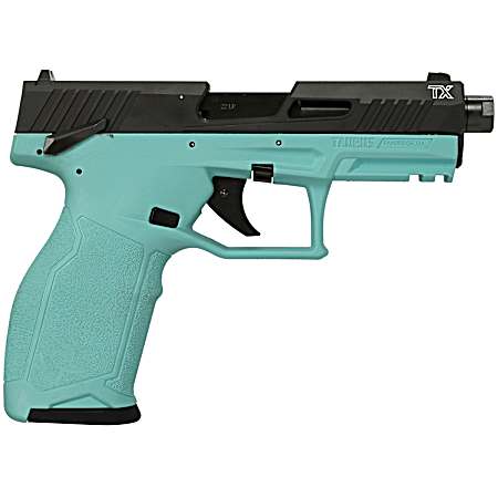 Taurus 1-2TX22141C 2TX  Full Size Frame 22 LR 22+1 4.60 Matte Black Threaded Barrel, Black Anodized Serrated Slide, Cyan Polymer Frame w/Picatinny Rail, Textured Grip