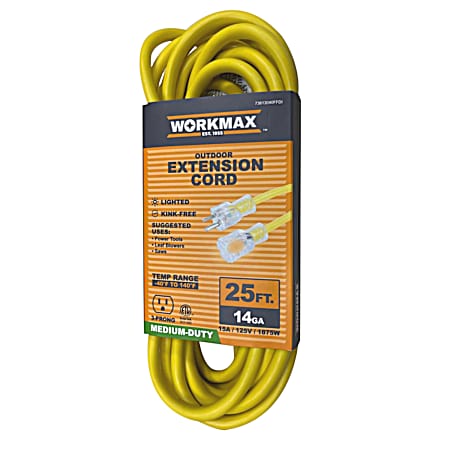 25 ft 14/3  Medium-Duty Outdoor Yellow Lighted 1Tap Extension Cord