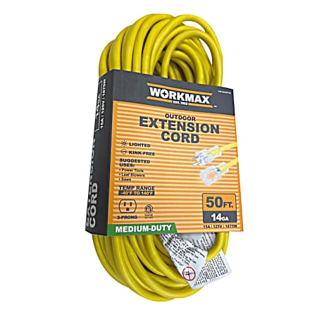 50 ft 14/3  Medium-Duty Outdoor Yellow Lighted 1Tap Extension Cord